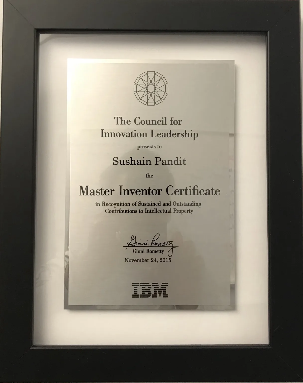 IBM Master Inventor certificate presented to Sushain Pandit