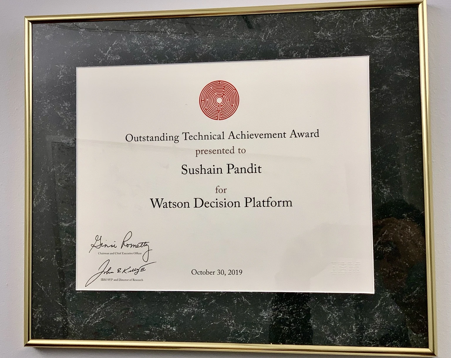 Outstanding Technical Achievement Award presented to Sushain Pandit for the Watson Decision Platform